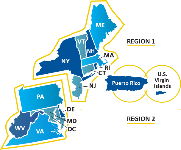 Map of CMS Quality Innovation Network–Quality Improvement Organization (QIN-QIO) Region 1 & 2